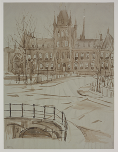 29001 Gezicht over de besneeuwde Abstederbrug over de stadsbuitengracht te Utrecht op de voorgevel van ...
